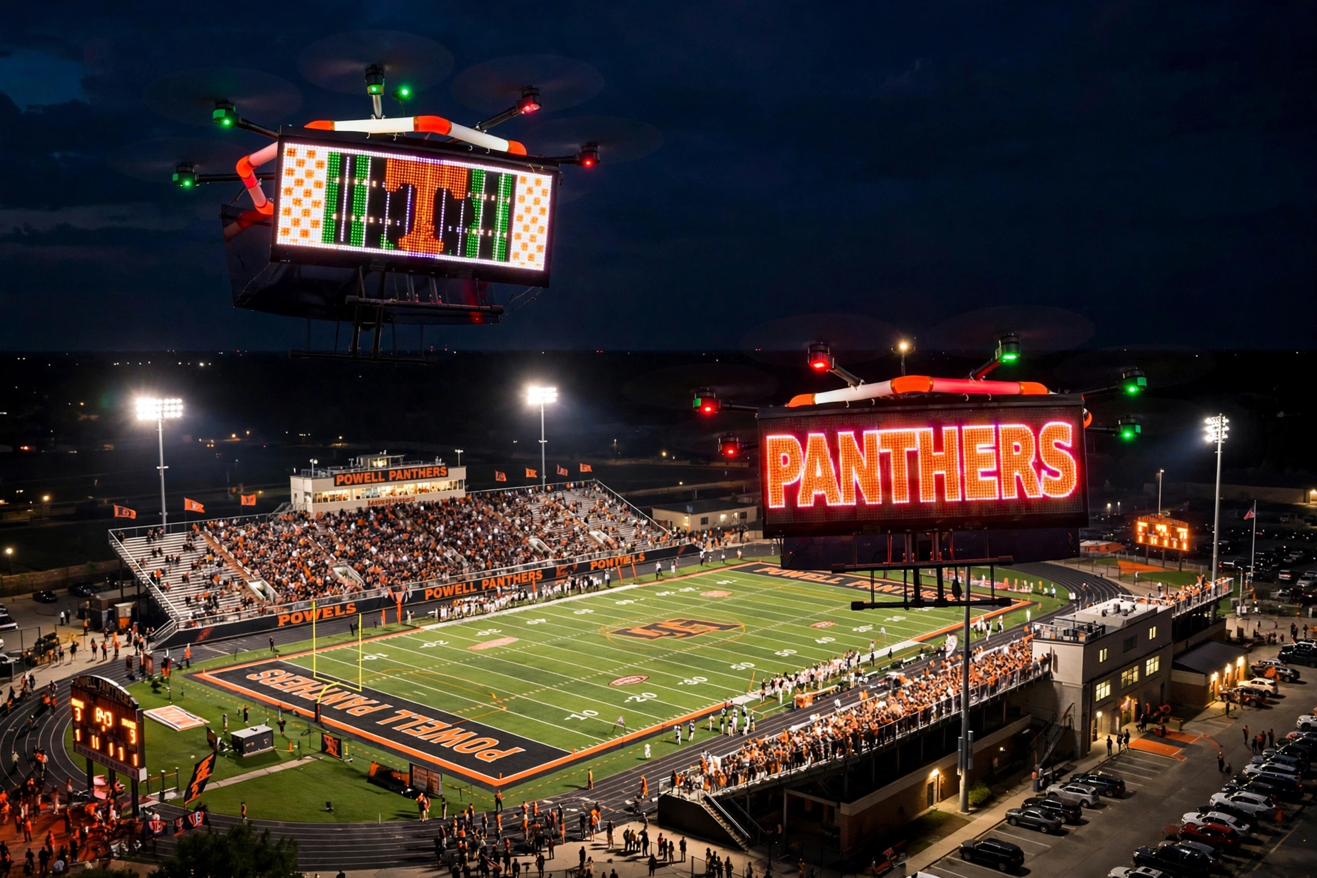 Concept visualization of two LED advertising drones displaying Panthers and Tennessee-themed graphics above Powell Panthers stadium
